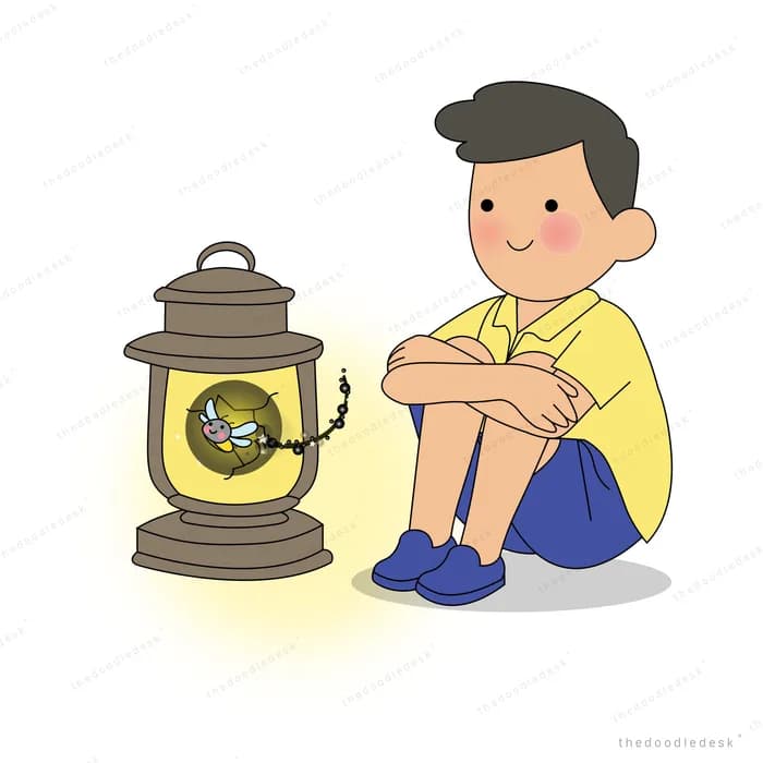 Boy sitting hugging his knees beside a glowing lit oil lantern