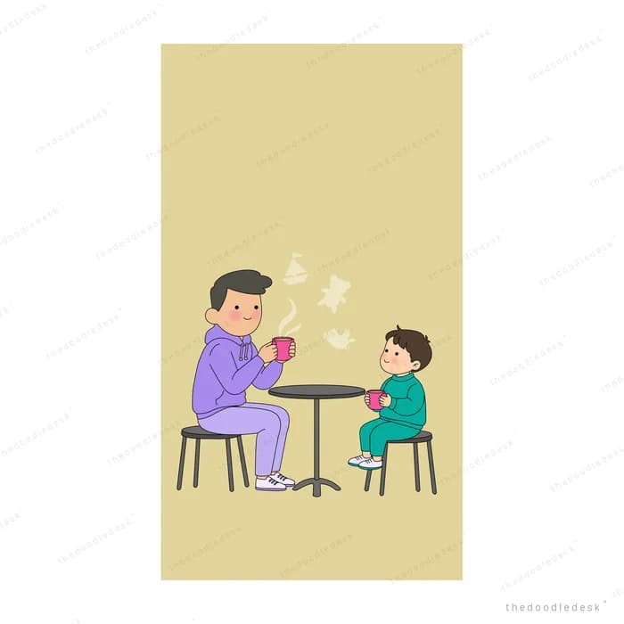 Man and boy sitting on stools at a small round table with a steaming cup between them