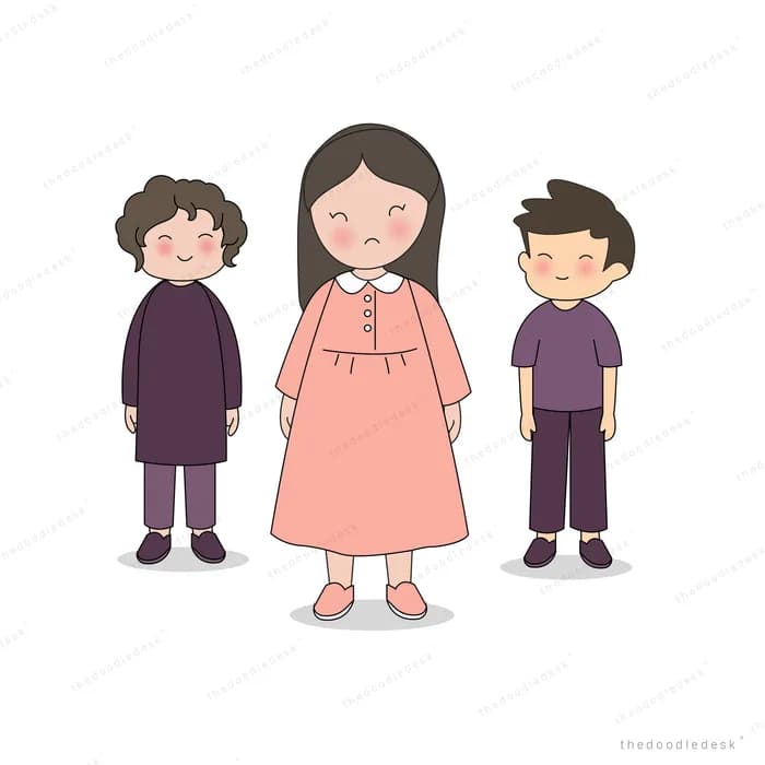 Three children standing in a row with a girl in a pink dress between two boys
