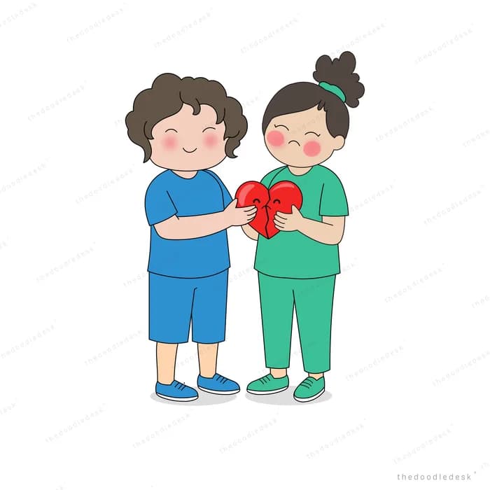 Girl handing a red heart to another girl in green who is stitching it up