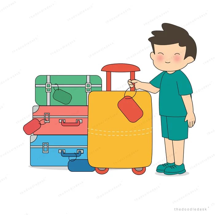 Boy smiling as he holds the handle of a yellow wheeled suitcase beside a stack of luggage