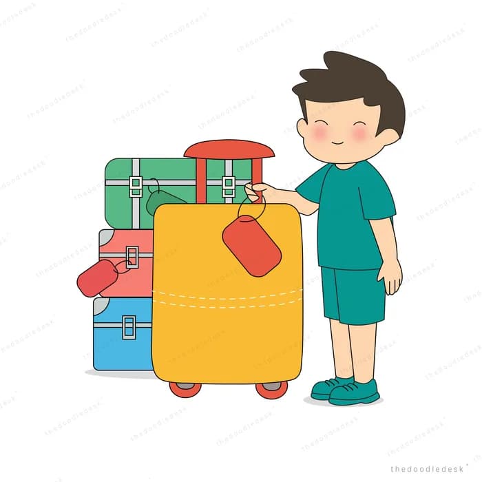 Boy standing with his head lowered beside a yellow wheeled suitcase and a stack of luggage