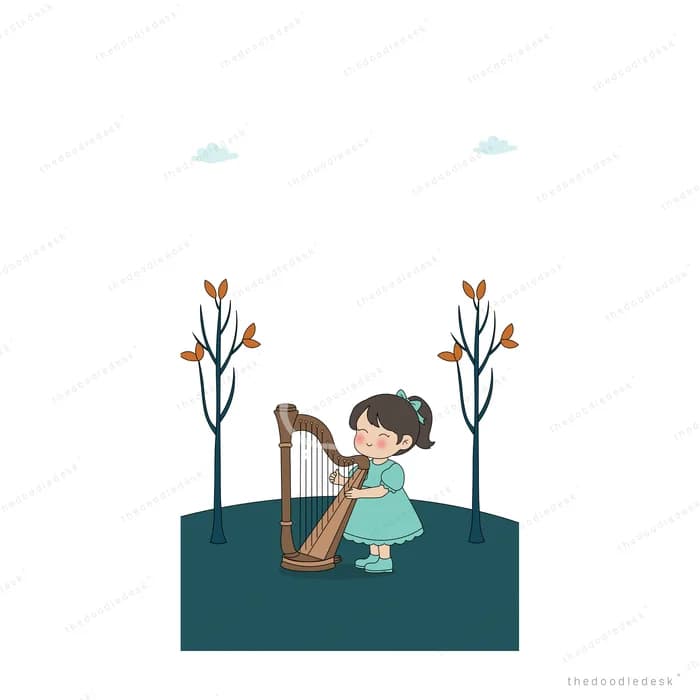 Girl in a mint dress playing a harp on a dark field between two bare trees