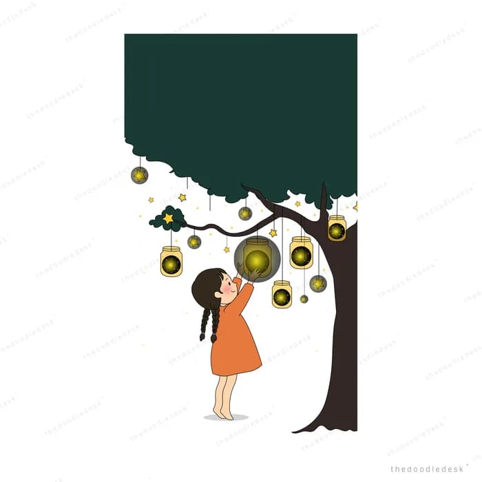 Girl in an orange dress reaching up for lanterns hanging from a big dark green tree