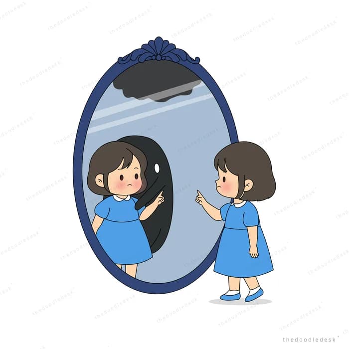 Girl in a blue dress reaching out to her reflection in an oval mirror with a dark shape behind