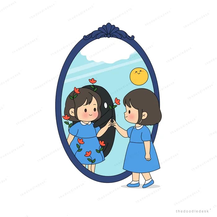 Girl at an oval mirror whose reflection stands in a bright sky with a crescent moon and flowers