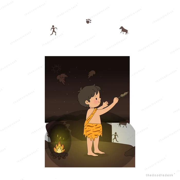 Child in animal hide clothing holding a torch in a dark cave beside a small fire while bats fly overhead
