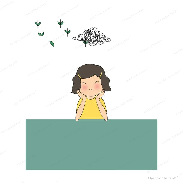 Girl in yellow seen from behind over a teal panel with green sprouts scattering above her head