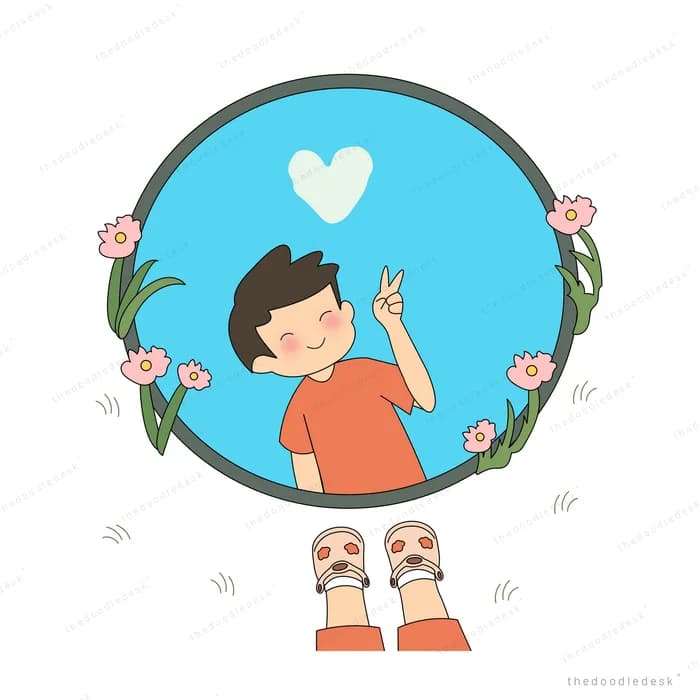 Boy in an orange shirt facing a round sky mirror ringed with pink flowers and a floating heart