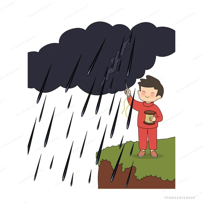 Child in a red raincoat holding a yellow umbrella on a grassy ledge under a black cloud pouring rain