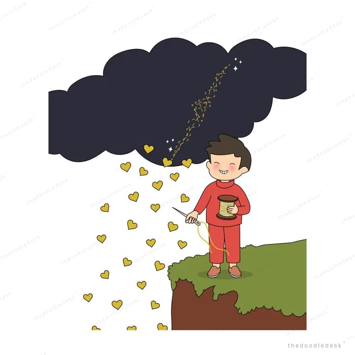 Child in a red raincoat under a black cloud raining golden hearts