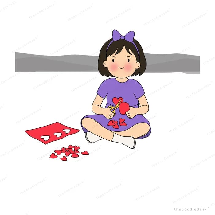 Girl with a purple bow sitting cross-legged threading a garland of red flowers
