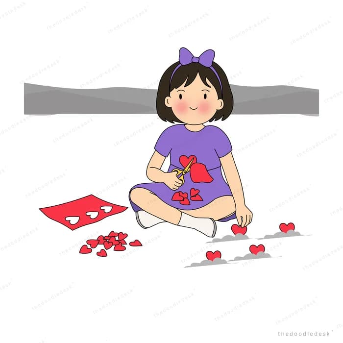 Girl with a purple bow making a red flower garland with petals scattered around her