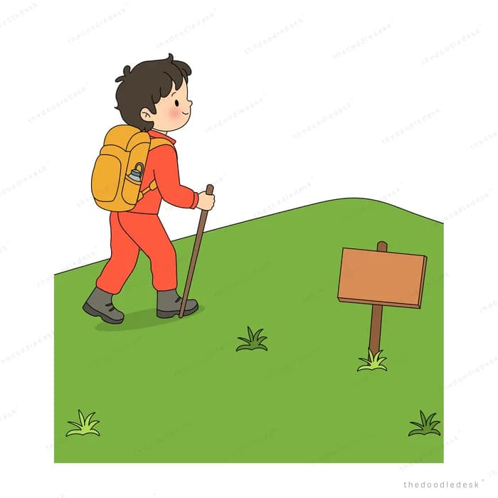 Gardener in orange overalls and a hat walking a green hill past a wooden signpost