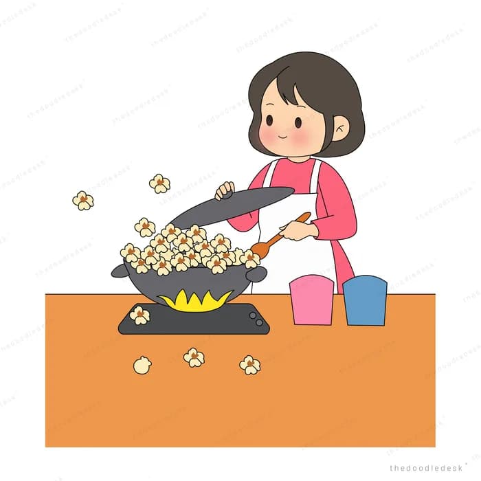 Girl in a pink apron frying fish in a pan on a stove at an orange counter