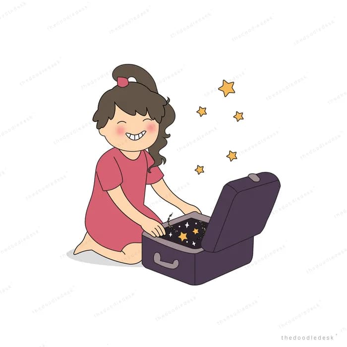 Girl with a red ribbon kneeling to open a purple suitcase as insects flutter out