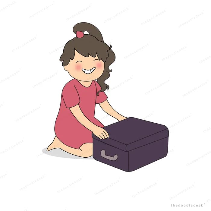 Girl with a red scarf pressing a purple suitcase shut