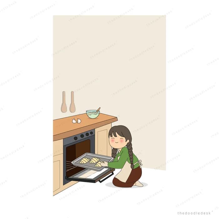 Girl kneeling in front of an open oven in a kitchen