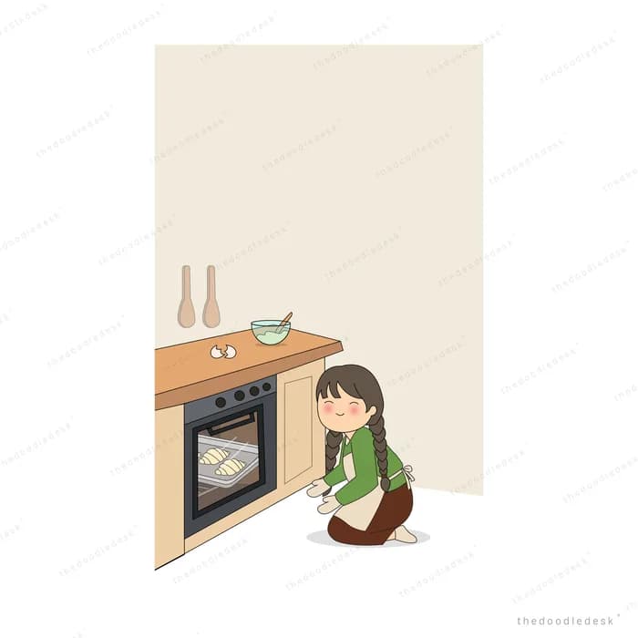 Girl crouched beside a kitchen counter looking into an open oven