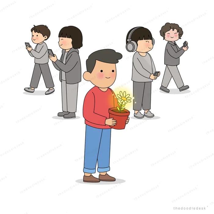 Man in a red shirt holding a potted plant while a grey crowd hurries past