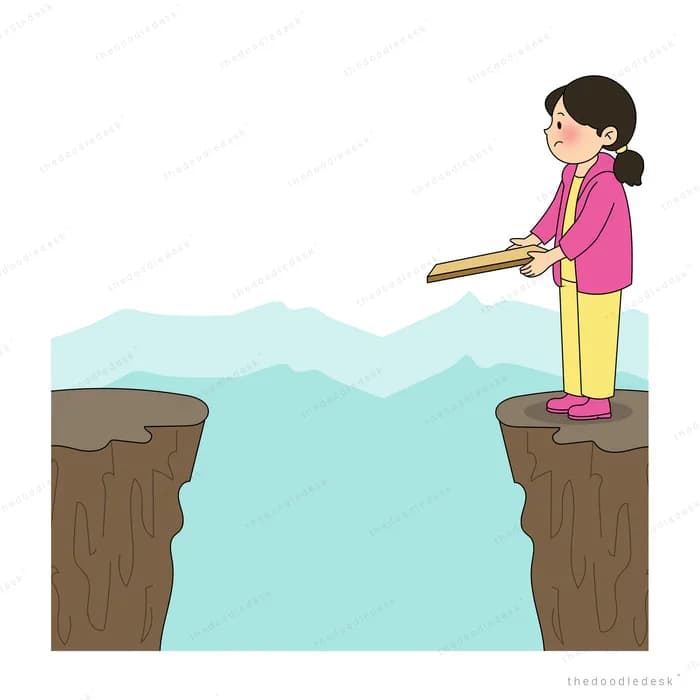 Girl in pink carrying a wooden plank on a cliff edge above water