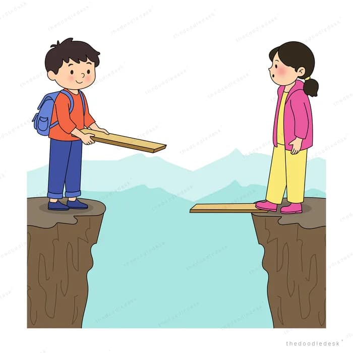Boy and girl standing on opposite cliffs laying a plank across the water gap