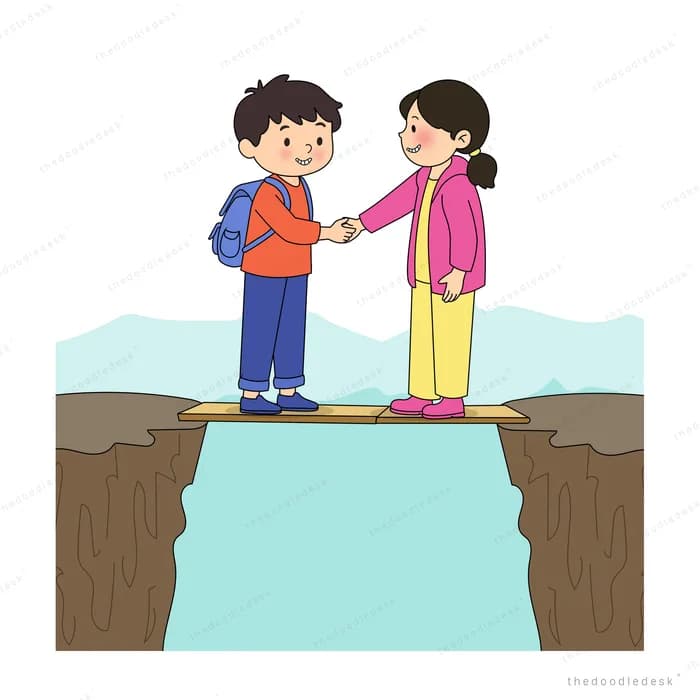Boy and girl reaching hands across a plank bridge over a water gap