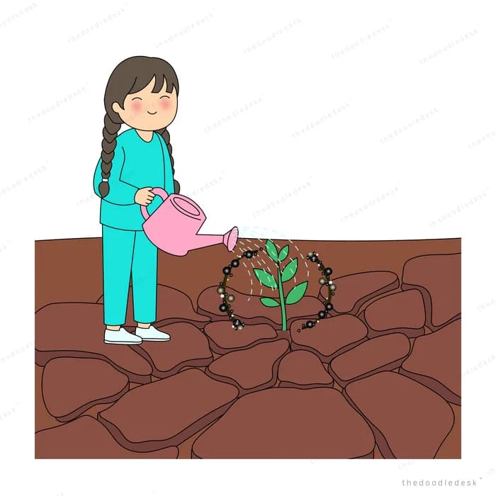 Girl in teal watering a sprout growing in stony ground
