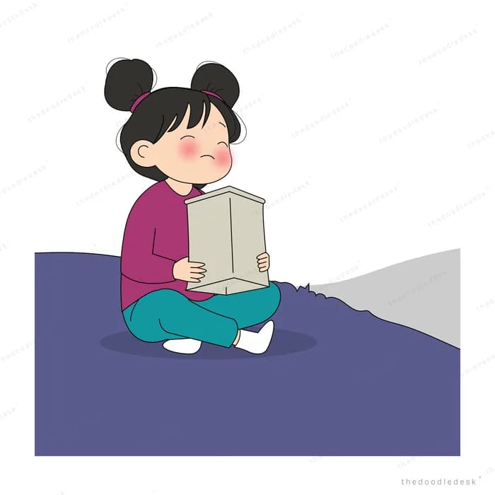 Girl kneeling on a purple slope holding an open cardboard box