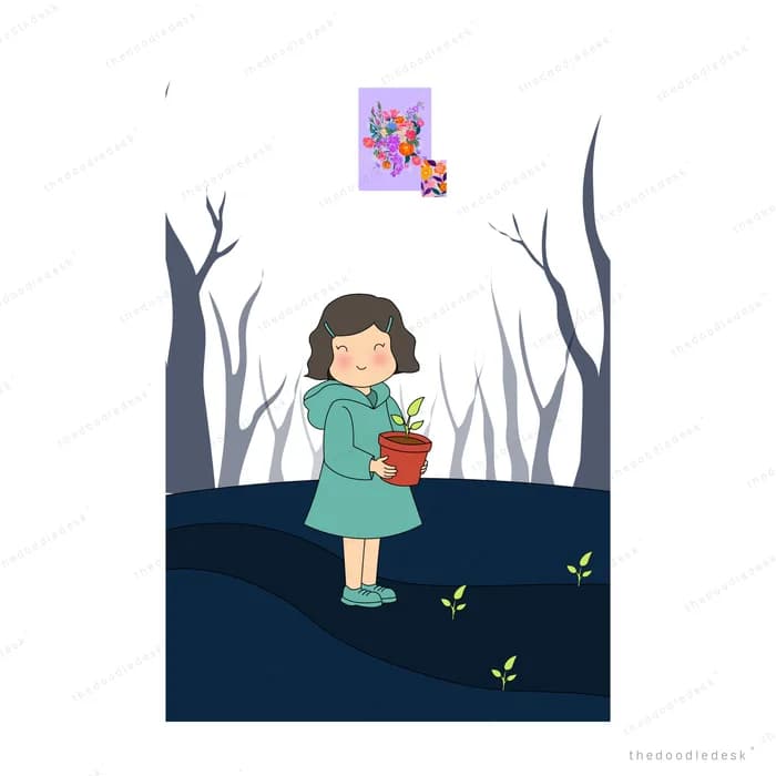 Girl with a potted flower in a bare landscape below a small colourful picture