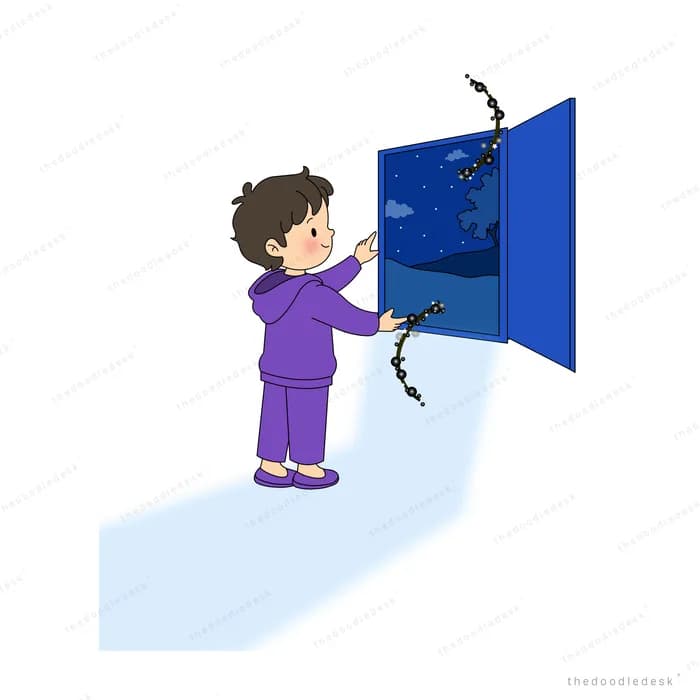 Girl in purple pyjamas opening a dark blue door as light spills across the floor