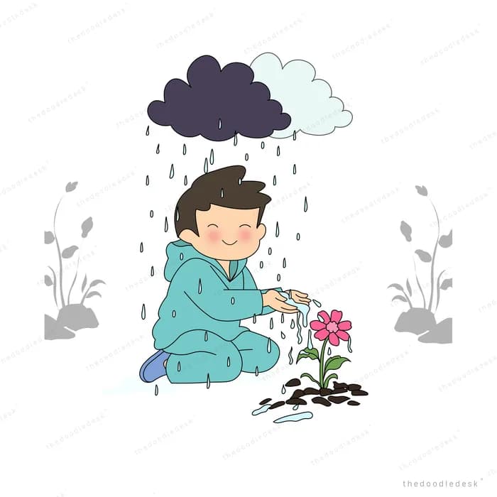 Boy in teal crouching in the rain to tend a pink flower among dry grass