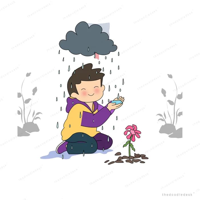 Boy in a purple jacket kneeling in the rain beside pink flowers