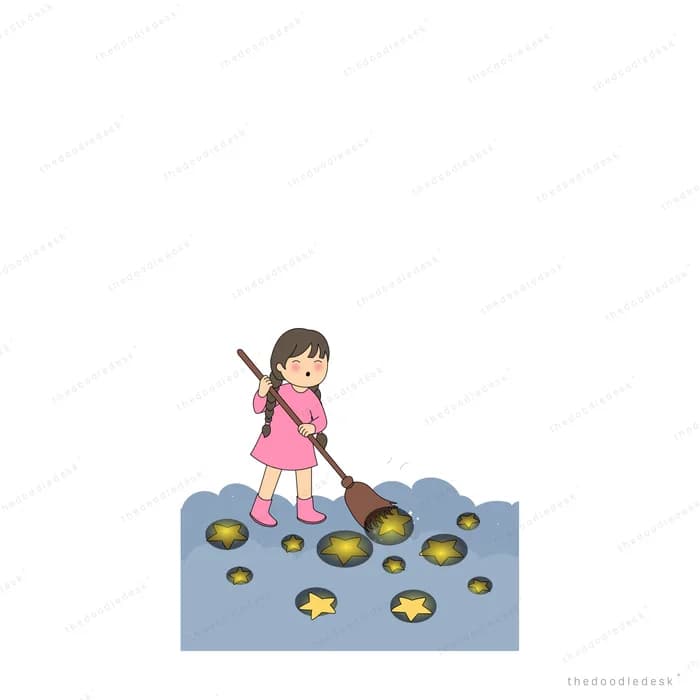 Girl in a pink dress sweeping fallen golden stars and stones with a broom