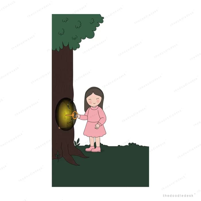Girl in pink raising a golden shield against a dark torrent falling from a green roof