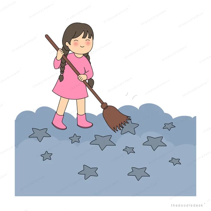 Girl in a pink dress sweeping grey stars off a pale cloud drift with a broom