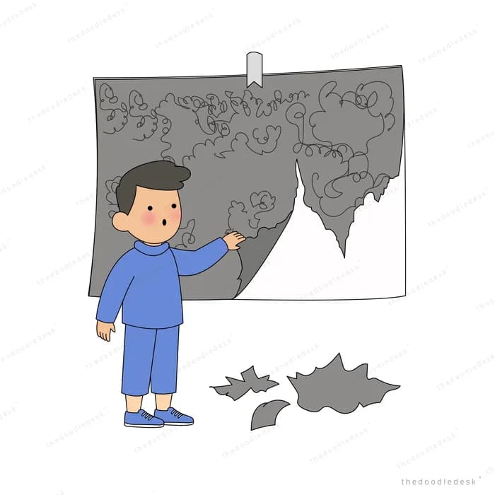 Boy in blue tearing away a grey poster to reveal white underneath