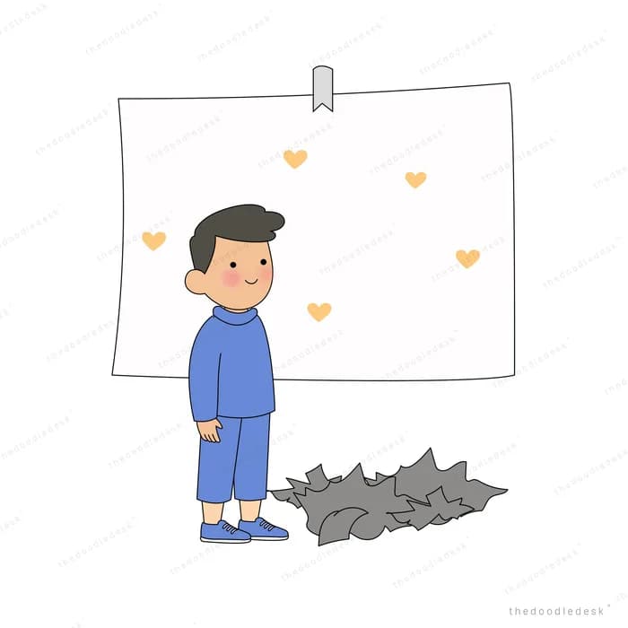 Boy in blue standing before a blank white poster with torn scraps at his feet