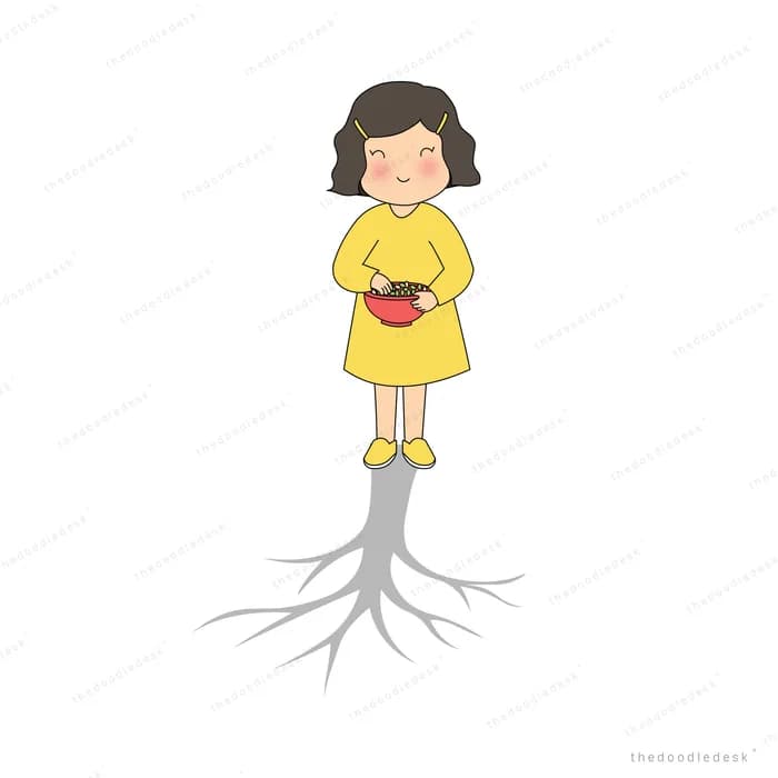 Woman in a yellow dress holding a red bowl with roots spreading from her feet