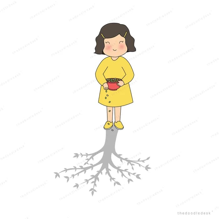 Woman in a yellow dress holding a red bowl above a wide spreading root system