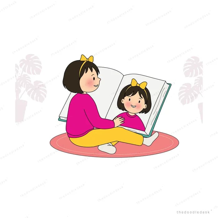 Girl in pink lying on a round rug reading a large open picture book
