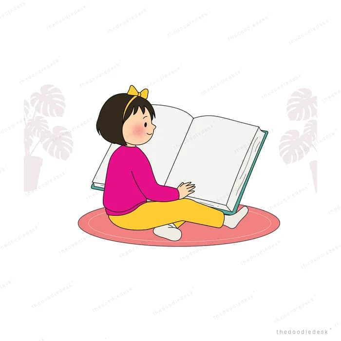 Girl in pink kneeling on a round rug reading a large open book