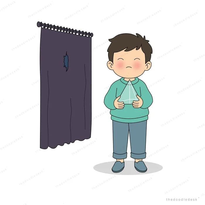 Boy in a green hoodie standing beside a heavy closed dark curtain