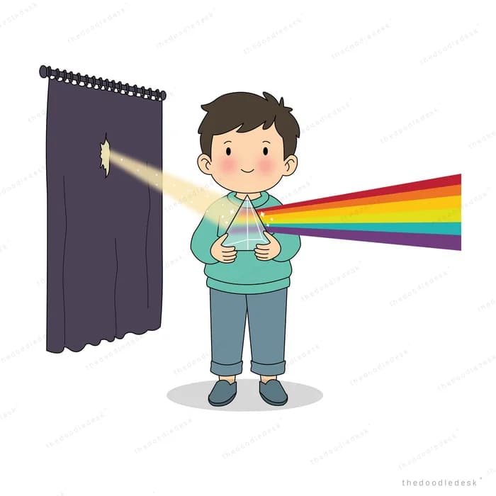 Boy pulling back a dark curtain as rainbow light streams out