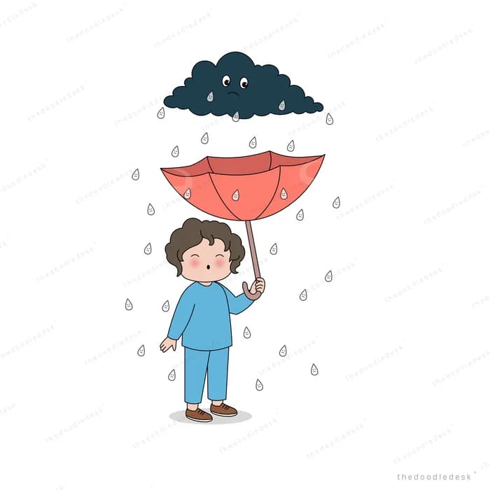 Boy tilting a red umbrella against rain from a dark cloud