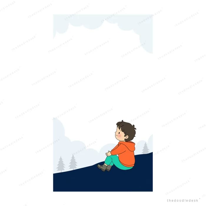Boy in orange sitting alone on a dark ledge in a misty snowy landscape