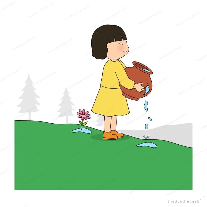 Girl in yellow pouring from a clay jug over a sprout growing in a cup on snowy ground