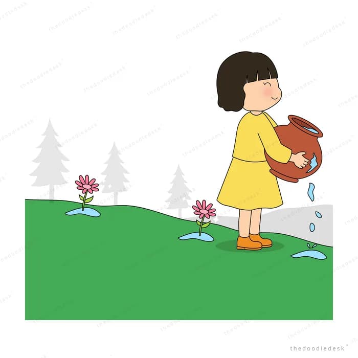 Girl in yellow watering potted sprouts on a snowy ledge among small pines
