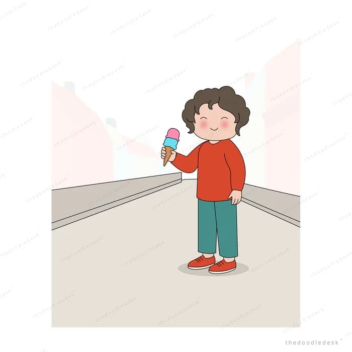 Boy in a red sweater standing on a pavement holding an ice cream cone