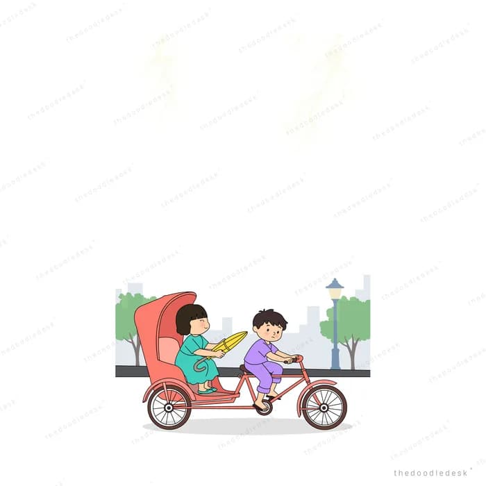 Child pedalling a cargo trike loaded with a large red bin along a street
